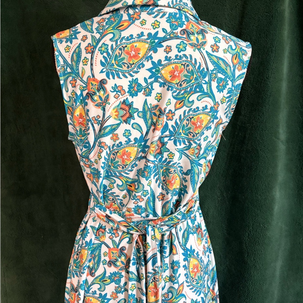 MSK Teal and White Floral Collared Midi Dress with Orange Accents - Picture 4 of 6
